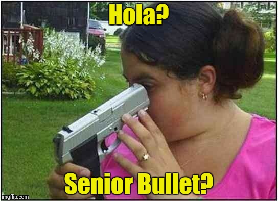 Dumb girl gun | Hola? Senior Bullet? | image tagged in dumb girl gun | made w/ Imgflip meme maker