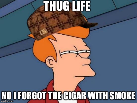 Futurama Fry | THUG LIFE NO I FORGOT THE CIGAR WITH SMOKE | image tagged in memes,futurama fry,scumbag | made w/ Imgflip meme maker