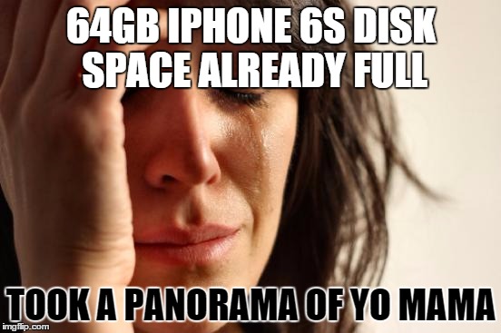 First World Problems | 64GB IPHONE 6S DISK SPACE ALREADY FULL TOOK A PANORAMA OF YO MAMA | image tagged in memes,first world problems | made w/ Imgflip meme maker