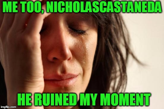 First World Problems Meme | ME TOO, NICHOLASCASTANEDA HE RUINED MY MOMENT | image tagged in memes,first world problems | made w/ Imgflip meme maker