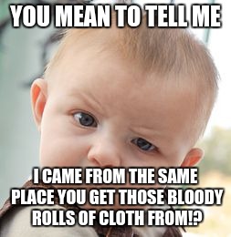Skeptical Baby Meme | YOU MEAN TO TELL ME I CAME FROM THE SAME PLACE YOU GET THOSE BLOODY ROLLS OF CLOTH FROM!? | image tagged in memes,skeptical baby | made w/ Imgflip meme maker
