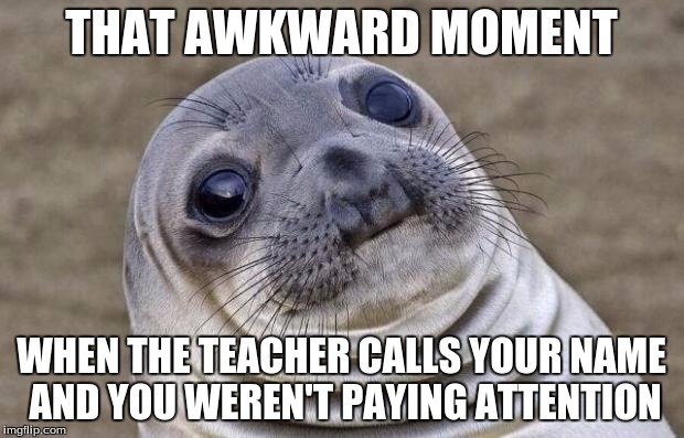 Awkward Moment Sealion Meme | THAT AWKWARD MOMENT WHEN THE TEACHER CALLS YOUR NAME AND YOU WEREN'T PAYING ATTENTION | image tagged in memes,awkward moment sealion | made w/ Imgflip meme maker