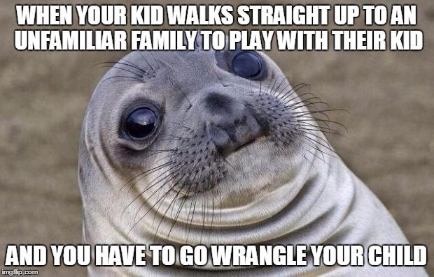 Awkward Moment Sealion | WHEN YOUR KID WALKS STRAIGHT UP TO AN UNFAMILIAR FAMILY TO PLAY WITH THEIR KID AND YOU HAVE TO GO WRANGLE YOUR CHILD | image tagged in memes,awkward moment sealion | made w/ Imgflip meme maker