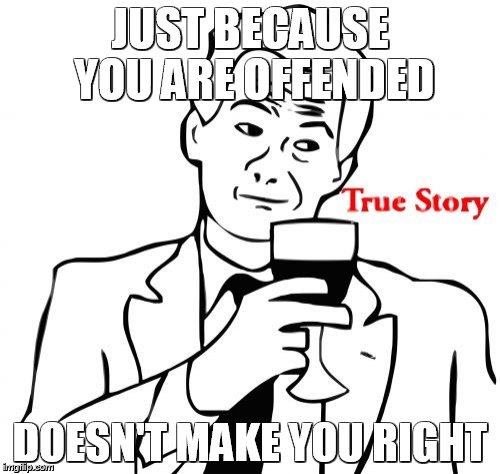 True Story | JUST BECAUSE YOU ARE OFFENDED DOESN'T MAKE YOU RIGHT | image tagged in memes,true story | made w/ Imgflip meme maker