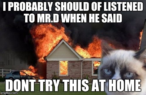 Burn Kitty | I PROBABLY SHOULD OF LISTENED TO MR.D WHEN HE SAID DONT TRY THIS AT HOME | image tagged in memes,burn kitty | made w/ Imgflip meme maker