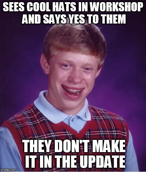 Bad Luck Brian Meme | SEES COOL HATS IN WORKSHOP AND SAYS YES TO THEM THEY DON'T MAKE IT IN THE UPDATE | image tagged in memes,bad luck brian | made w/ Imgflip meme maker