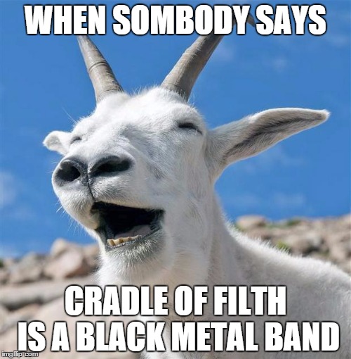 Laughing Goat | WHEN SOMBODY SAYS CRADLE OF FILTH IS A BLACK METAL BAND | image tagged in memes,laughing goat | made w/ Imgflip meme maker