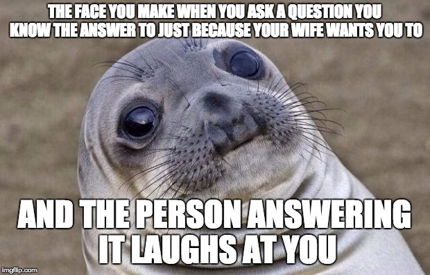 Awkward Moment Sealion | THE FACE YOU MAKE WHEN YOU ASK A QUESTION YOU KNOW THE ANSWER TO JUST BECAUSE YOUR WIFE WANTS YOU TO AND THE PERSON ANSWERING IT LAUGHS AT Y | image tagged in memes,awkward moment sealion | made w/ Imgflip meme maker