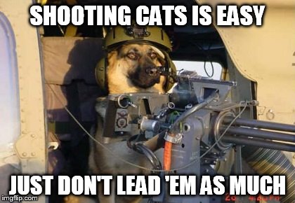 SHOOTING CATS IS EASY JUST DON'T LEAD 'EM AS MUCH | image tagged in door gunner rex | made w/ Imgflip meme maker