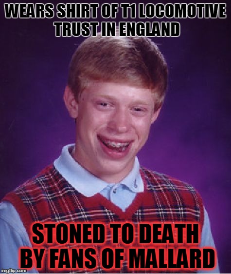 Bad Luck Brian Meme | WEARS SHIRT OF T1 LOCOMOTIVE TRUST IN ENGLAND STONED TO DEATH BY FANS OF MALLARD | image tagged in memes,bad luck brian | made w/ Imgflip meme maker