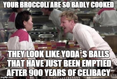 Angry Chef Gordon Ramsay Meme | YOUR BROCCOLI ARE SO BADLY COOKED THEY LOOK LIKE YODA`S BALLS THAT HAVE JUST BEEN EMPTIED AFTER 900 YEARS OF CELIBACY | image tagged in memes,angry chef gordon ramsay,yoda | made w/ Imgflip meme maker