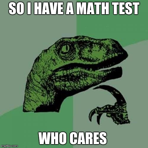 Philosoraptor | SO I HAVE A MATH TEST WHO CARES | image tagged in memes,philosoraptor | made w/ Imgflip meme maker