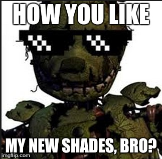HOW YOU LIKE MY NEW SHADES, BRO? | image tagged in springtrap | made w/ Imgflip meme maker