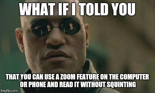 Matrix Morpheus Meme | WHAT IF I TOLD YOU THAT YOU CAN USE A ZOOM FEATURE ON THE COMPUTER OR PHONE AND READ IT WITHOUT SQUINTING | image tagged in memes,matrix morpheus | made w/ Imgflip meme maker