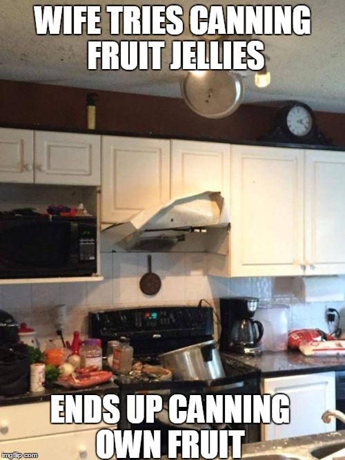 WIFE TRIES CANNING FRUIT JELLIES ENDS UP CANNING OWN FRUIT | image tagged in kitchen,fruit,canning,wife,dinnerhumor,funny | made w/ Imgflip meme maker