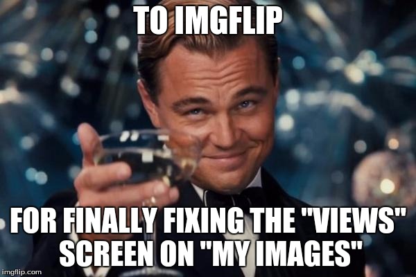 Leonardo Dicaprio Cheers | TO IMGFLIP FOR FINALLY FIXING THE "VIEWS" SCREEN ON "MY IMAGES" | image tagged in memes,leonardo dicaprio cheers | made w/ Imgflip meme maker