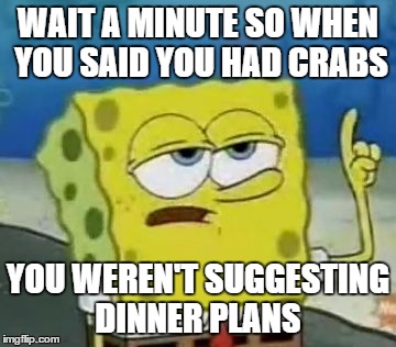 I'll Have You Know Spongebob Meme | WAIT A MINUTE SO WHEN YOU SAID YOU HAD CRABS YOU WEREN'T SUGGESTING DINNER PLANS | image tagged in memes,ill have you know spongebob | made w/ Imgflip meme maker