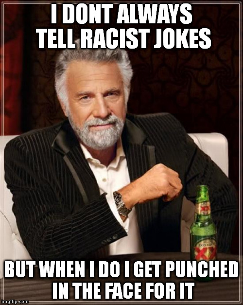 The Most Interesting Man In The World | I DONT ALWAYS TELL RACIST JOKES BUT WHEN I DO I GET PUNCHED IN THE FACE FOR IT | image tagged in memes,the most interesting man in the world | made w/ Imgflip meme maker