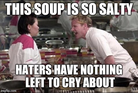 Angry Chef Gordon Ramsay Meme | THIS SOUP IS SO SALTY HATERS HAVE NOTHING LEFT TO CRY ABOUT | image tagged in memes,angry chef gordon ramsay | made w/ Imgflip meme maker