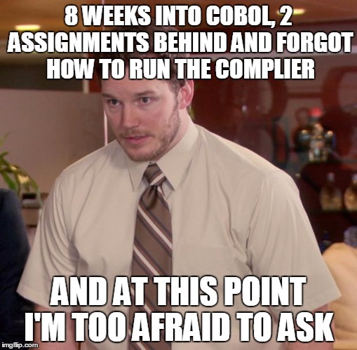 Afraid To Ask Andy Meme | 8 WEEKS INTO COBOL, 2 ASSIGNMENTS BEHIND AND FORGOT HOW TO RUN THE COMPLIER AND AT THIS POINT I'M TOO AFRAID TO ASK | image tagged in memes,afraid to ask andy | made w/ Imgflip meme maker