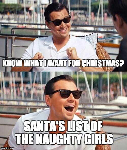 Leonardo Dicaprio Wolf Of Wall Street | KNOW WHAT I WANT FOR CHRISTMAS? SANTA'S LIST OF THE NAUGHTY GIRLS | image tagged in memes,leonardo dicaprio wolf of wall street | made w/ Imgflip meme maker