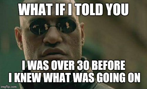 Matrix Morpheus Meme | WHAT IF I TOLD YOU I WAS OVER 30 BEFORE I KNEW WHAT WAS GOING ON | image tagged in memes,matrix morpheus | made w/ Imgflip meme maker