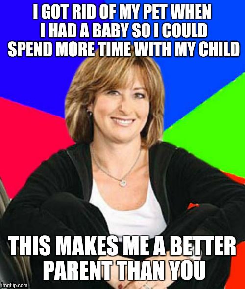 No it doesn't.  It makes you a f***ing c***! I really hate people do this! | I GOT RID OF MY PET WHEN I HAD A BABY SO I COULD SPEND MORE TIME WITH MY CHILD THIS MAKES ME A BETTER PARENT THAN YOU | image tagged in memes,sheltering suburban mom | made w/ Imgflip meme maker