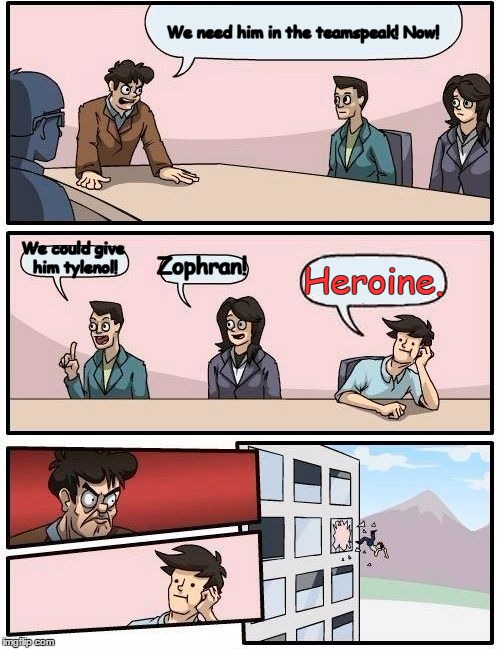 Boardroom Meeting Suggestion Meme | We need him in the teamspeak! Now! We could give him tylenol! Zophran! Heroine. | image tagged in memes,boardroom meeting suggestion | made w/ Imgflip meme maker