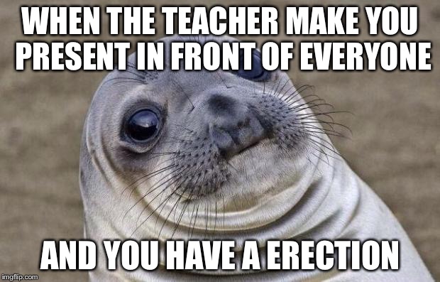 Awkward Moment Sealion | WHEN THE TEACHER MAKE YOU PRESENT IN FRONT OF EVERYONE AND YOU HAVE A ERECTION | image tagged in memes,awkward moment sealion | made w/ Imgflip meme maker