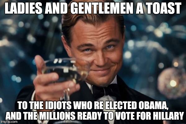 Leonardo Dicaprio Cheers | LADIES AND GENTLEMEN A TOAST TO THE IDIOTS WHO RE ELECTED OBAMA,  AND THE MILLIONS READY TO VOTE FOR HILLARY | image tagged in memes,leonardo dicaprio cheers | made w/ Imgflip meme maker