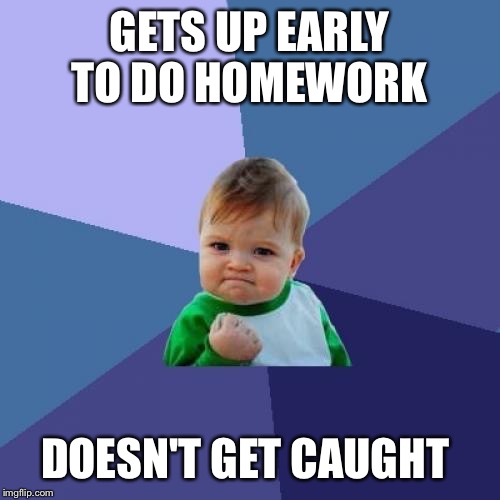 Success Kid  | GETS UP EARLY TO DO HOMEWORK DOESN'T GET CAUGHT | image tagged in memes,success kid | made w/ Imgflip meme maker