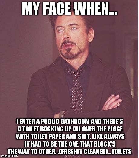 The True F*cking Nightmare I Know WAY To Well... | MY FACE WHEN... I ENTER A PUBLIC BATHROOM AND THERE'S A TOILET BACKING UP ALL OVER THE PLACE WITH TOILET PAPER AND SHIT. LIKE ALWAYS IT HAD  | image tagged in memes,face you make robert downey jr,toilet humor,bullshit,funny | made w/ Imgflip meme maker