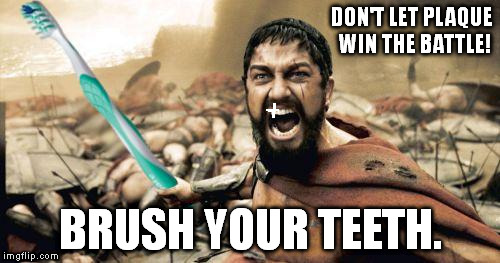 Some company should use this to advertise their toothpaste and toothbrushes. | DON'T LET PLAQUE WIN THE BATTLE! BRUSH YOUR TEETH. | image tagged in memes,leonidas toothbrush | made w/ Imgflip meme maker