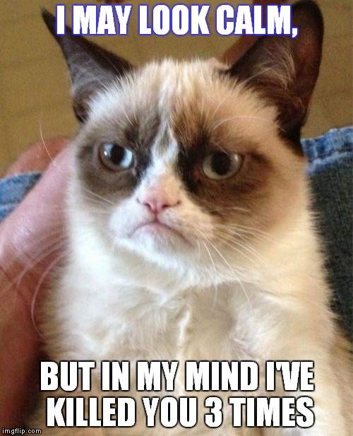 Grumpy Cat Meme | I MAY LOOK CALM, BUT IN MY MIND I'VE KILLED YOU 3 TIMES | image tagged in memes,grumpy cat | made w/ Imgflip meme maker