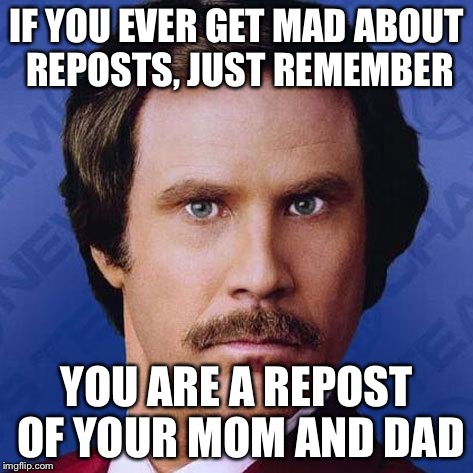 Copycat | IF YOU EVER GET MAD ABOUT REPOSTS, JUST REMEMBER YOU ARE A REPOST OF YOUR MOM AND DAD | image tagged in ron burgundy | made w/ Imgflip meme maker