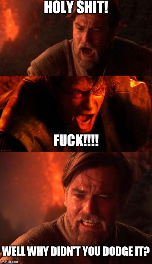 Obi and Ani wouldn't play sabers again for almost two decades... | HOLY SHIT! F**K!!!! WELL WHY DIDN'T YOU DODGE IT? | image tagged in obianiobi,star wars kills disney | made w/ Imgflip meme maker