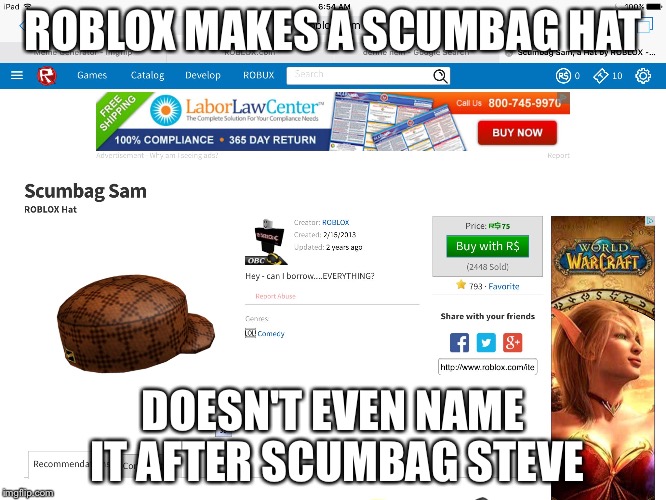 Now That's Scumbag | ROBLOX MAKES A SCUMBAG HAT DOESN'T EVEN NAME IT AFTER SCUMBAG STEVE | image tagged in scumbag sam,roblox,scumbag | made w/ Imgflip meme maker