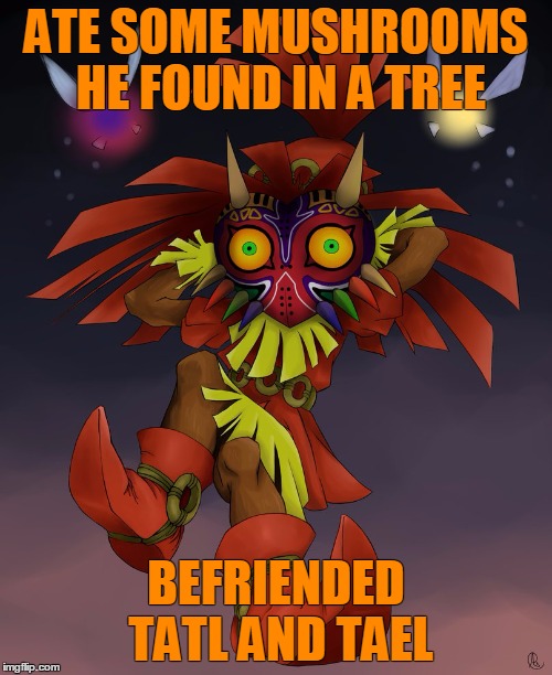 ATE SOME MUSHROOMS HE FOUND IN A TREE BEFRIENDED TATL AND TAEL | image tagged in skull kid | made w/ Imgflip meme maker