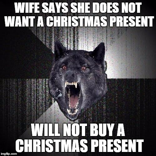 Insanity Wolf | WIFE SAYS SHE DOES NOT WANT A CHRISTMAS PRESENT WILL NOT BUY A CHRISTMAS PRESENT | image tagged in memes,insanity wolf,AdviceAnimals | made w/ Imgflip meme maker