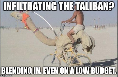 That's how we rock in the C.I.A. | INFILTRATING THE TALIBAN? BLENDING IN. EVEN ON A LOW BUDGET. | image tagged in camel bike | made w/ Imgflip meme maker