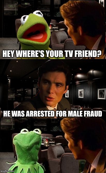 Inception Kermit | HEY WHERE'S YOUR TV FRIEND? HE WAS ARRESTED FOR MALE FRAUD | image tagged in inception kermit | made w/ Imgflip meme maker