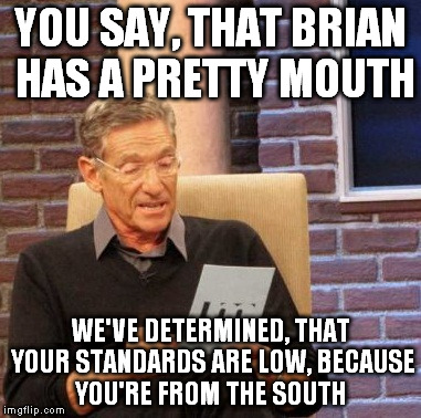 Maury Lie Detector Meme | YOU SAY, THAT BRIAN HAS A PRETTY MOUTH WE'VE DETERMINED, THAT YOUR STANDARDS ARE LOW, BECAUSE YOU'RE FROM THE SOUTH | image tagged in memes,maury lie detector | made w/ Imgflip meme maker