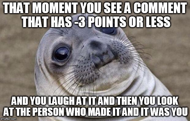 Awkward Moment Sealion | THAT MOMENT YOU SEE A COMMENT THAT HAS -3 POINTS OR LESS AND YOU LAUGH AT IT AND THEN YOU LOOK AT THE PERSON WHO MADE IT AND IT WAS YOU | image tagged in memes,awkward moment sealion,humiliation | made w/ Imgflip meme maker