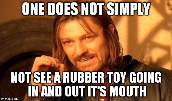 One Does Not Simply Meme | ONE DOES NOT SIMPLY NOT SEE A RUBBER TOY GOING IN AND OUT IT'S MOUTH | image tagged in memes,one does not simply | made w/ Imgflip meme maker