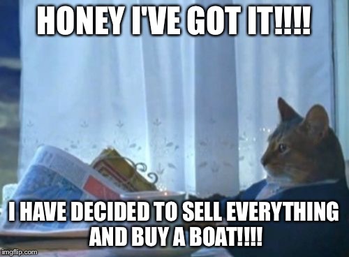 I Should Buy A Boat Cat | HONEY I'VE GOT IT!!!! I HAVE DECIDED TO SELL EVERYTHING AND BUY A BOAT!!!! | image tagged in memes,i should buy a boat cat | made w/ Imgflip meme maker