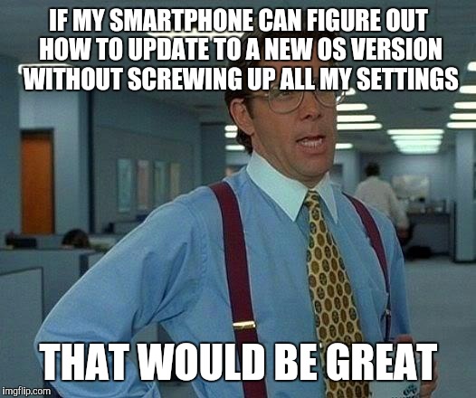 That Would Be Great | IF MY SMARTPHONE CAN FIGURE OUT HOW TO UPDATE TO A NEW OS VERSION WITHOUT SCREWING UP ALL MY SETTINGS THAT WOULD BE GREAT | image tagged in memes,that would be great | made w/ Imgflip meme maker