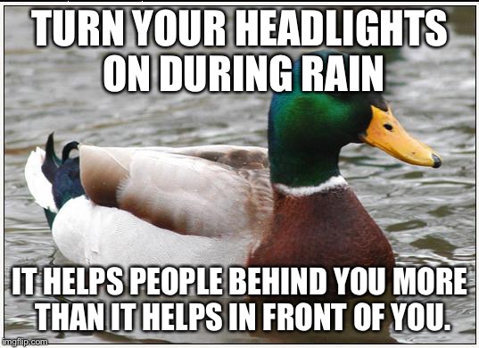 Actual Advice Mallard Meme | TURN YOUR HEADLIGHTS ON DURING RAIN IT HELPS PEOPLE BEHIND YOU MORE THAN IT HELPS IN FRONT OF YOU. | image tagged in memes,actual advice mallard,AdviceAnimals | made w/ Imgflip meme maker