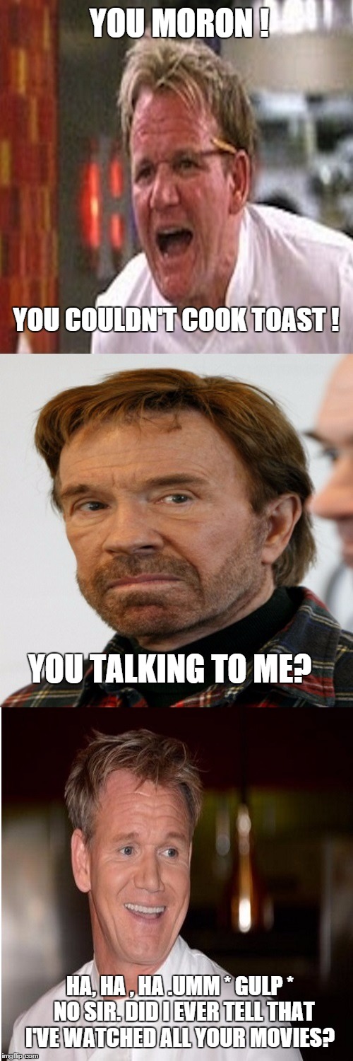 Chuck Norris is so bad, when he slices onions, the onions cry.  | YOU MORON ! YOU COULDN'T COOK TOAST ! YOU TALKING TO ME? HA, HA , HA .UMM * GULP *  NO SIR. DID I EVER TELL THAT I'VE WATCHED ALL YOUR MOVIE | image tagged in funny memes | made w/ Imgflip meme maker