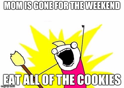 X All The Y Meme | MOM IS GONE FOR THE WEEKEND EAT ALL OF THE COOKIES | image tagged in memes,x all the y | made w/ Imgflip meme maker