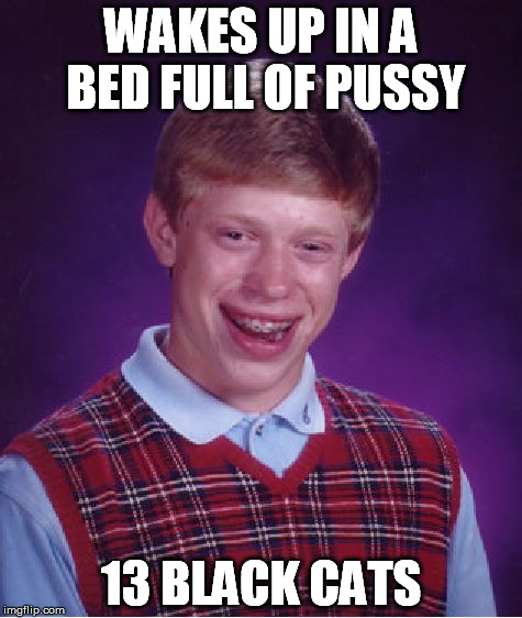Pile o' Pussy | WAKES UP IN A BED FULL OF PUSSY 13 BLACK CATS | image tagged in memes,bad luck brian,cats | made w/ Imgflip meme maker